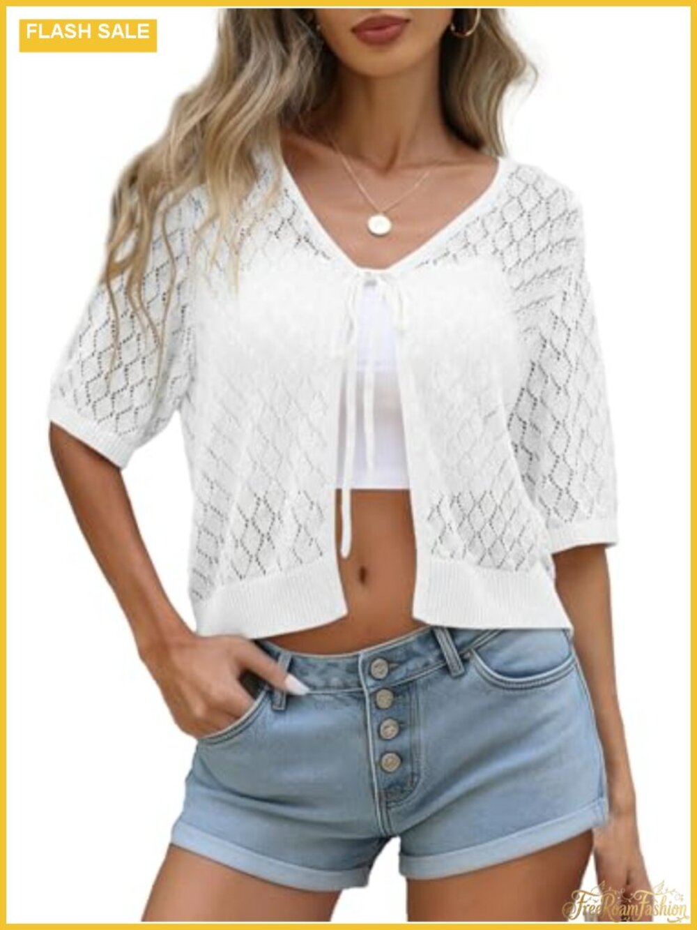 Crochet Tie Front Cardigan Shrug Long Sleeve Boho Summer Sweater